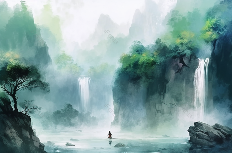 新中式绿色古风意境山水画,插画/手绘图,插画/手绘图库,插画/手绘图下载,插画/手绘